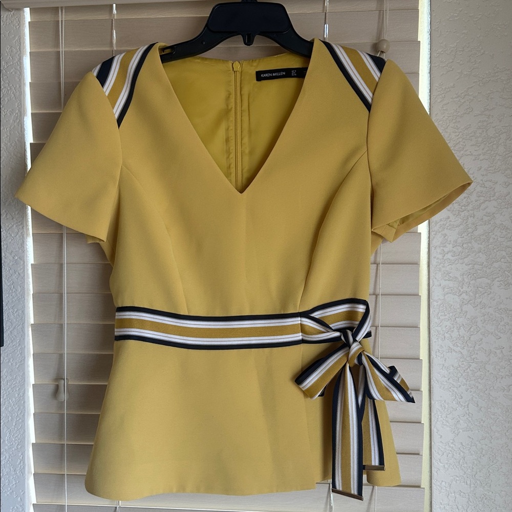 Karen Millen Deep V-neck Peplum Top with Striped Waist Tie